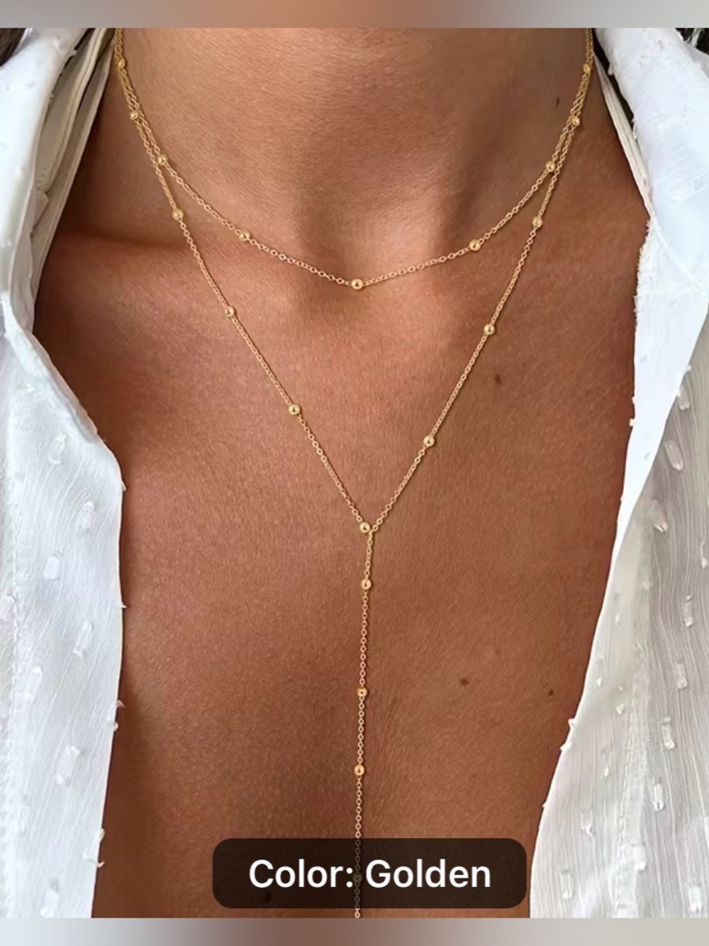 Gold Layered Y-Chain Necklace - Delicate Beaded Detail
